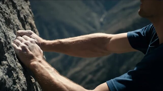 Man rock climbing cliff face outdoors in the mountains, side view.