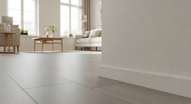 Light grey laminate flooring in a modern interior room, showcasing seamless installation and elegant design elements.