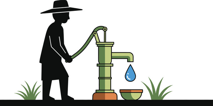 "Traditional manual water pump vector illustration with person operating handle, blue droplet, sustainable rural groundwater access design"
