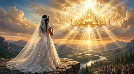 Fototapeta premium Bride looking at golden city of heaven in sky. Religious concept of afterlife and salvation. Divine light shining over valley with congregation. Faith and hope in spiritual journey.