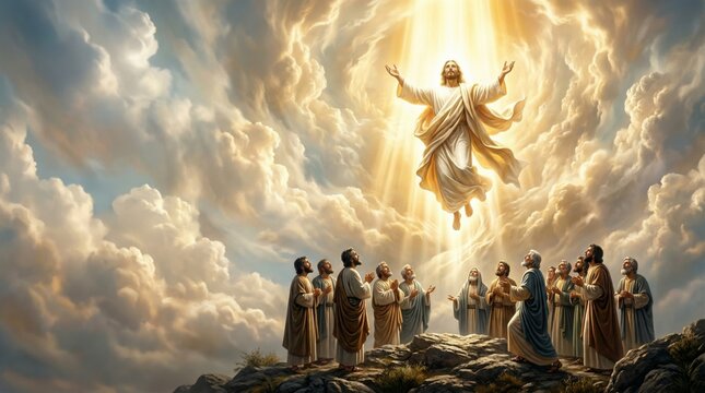 Jesus Christ ascending into heaven with his apostles watching from a mountain. Biblical event of the ascension. Religious art representing salvation, faith, divine power and miracle.