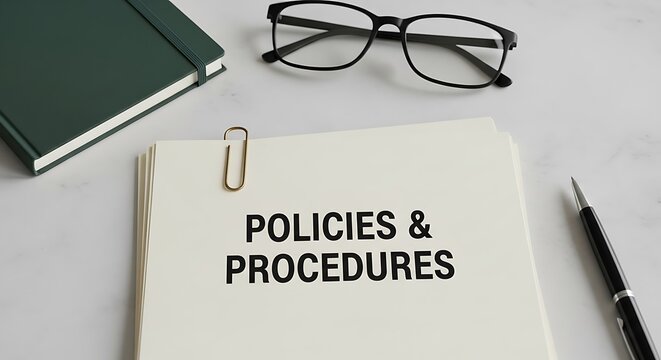 Closeup of papers labeled policies and procedures with office supplies on a desk