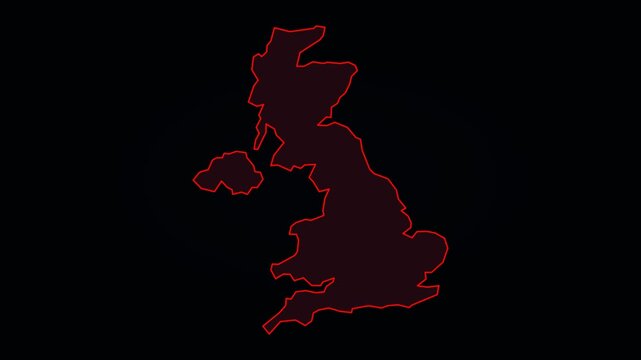 United Kingdom Map with Glowing Red Neon Borders and Subtle Inner Glow on Black