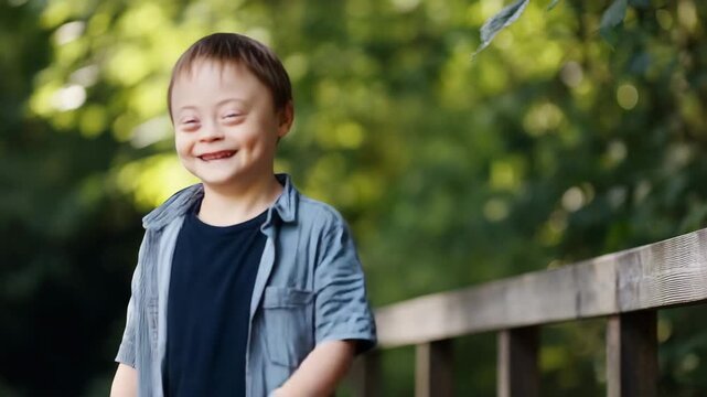 Happy child with Down syndrome in nature, inclusive outdoor portrait of smiling boy in park, joyful childhood, respectful disability representation, natural lifestyle photography