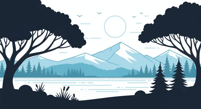 Flat vector illustration of a mountain range landscape with a calm lake, silhouetted deciduous trees in foreground, pine forests, flying birds, and a circular sun in a blue sky.
