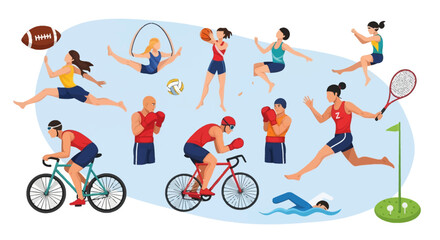 Obraz premium Flat vector illustration collection of male and female athletes participating in various summer games sports including cycling, boxing, swimming, tennis, gymnastics, and basketball.