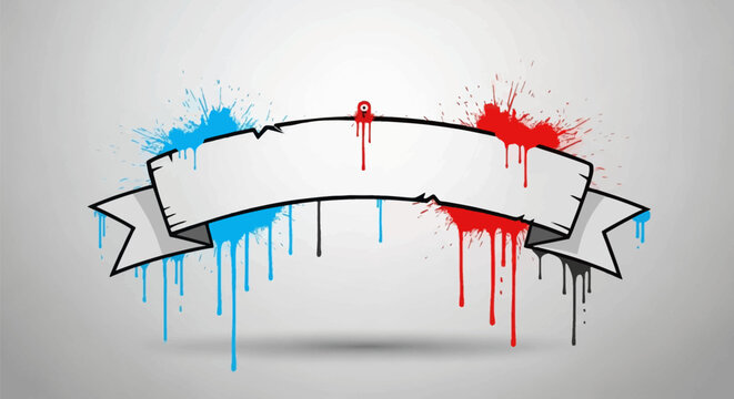White blank arched banner ribbon with black outlines and notched edges featuring blue and red spray paint splatters and dripping paint effects on a light gray background.