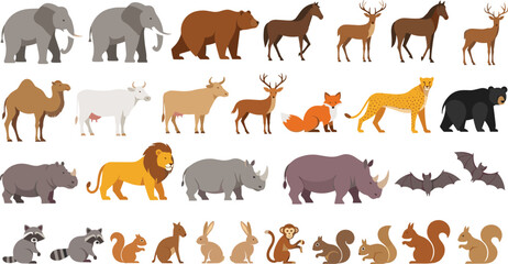 Fototapeta premium Wild and Farm Animals Collection with Elephant, Lion, Horse, Deer, Camel, Rhino, Fox, Monkey and More Flat Vector Wildlife Illustrations for Nature Design.