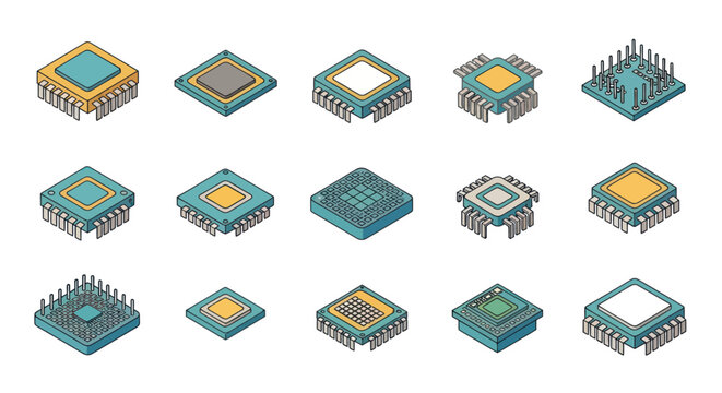 A collection of isometric computer chip icons on a white background.