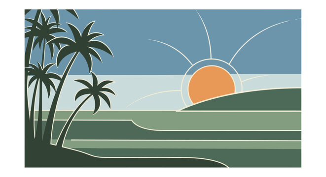 A retro-style illustration of a tropical beach sunset with palm trees.