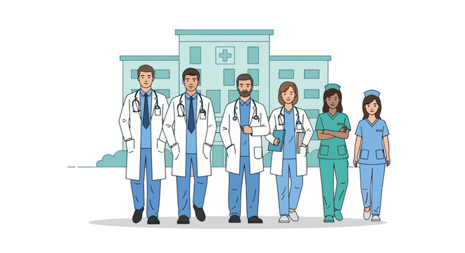 Diverse Group of Medical Professionals Walking in Front of a Hospital