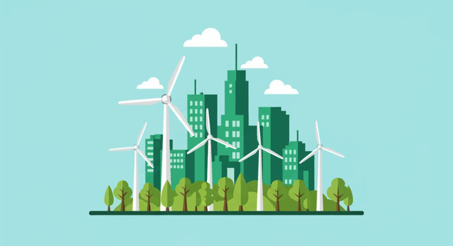 Flat vector illustration of a sustainable green city with multiple white wind turbines, skyscrapers in shades of green, and a row of trees at the base against a light blue sky.