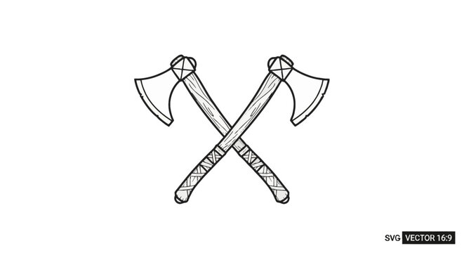 Two crossed Viking axes featuring textured wooden handles and curved metal blades. This black and white vector illustration depicts traditional Norse battle weapons in a minimalist line art style.