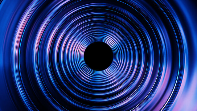 Hypnotic abstract circular glassy portal with blue and purple neon glowing lights.
