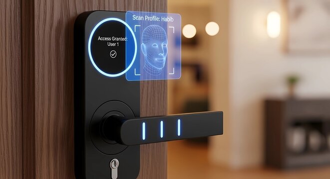 Futuristic biometric smart door lock with holographic face recognition scanning user profile Habib for secure access