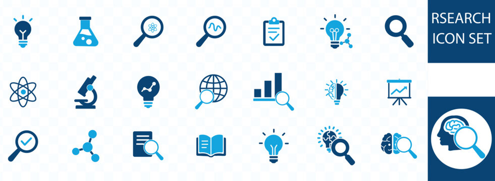 A collection of blue research icons depicts scientific tools ideas data analysis and the human brain high quality professional detailed modern elegant stylish