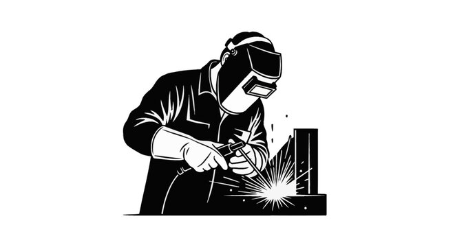 Black and white vector illustration of a professional welder wearing protective mask and industrial gloves while using a welding torch to join metal parts with visible sparks.