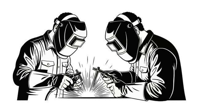 Black and white vector illustration of two industrial welders in protective gear using welding torches on a metal joint with sparks flying, isolated against a white background.