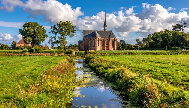 Rural landscape featuring a stone church, a flowing canal, and expansive green fields under a partly cloudy sky