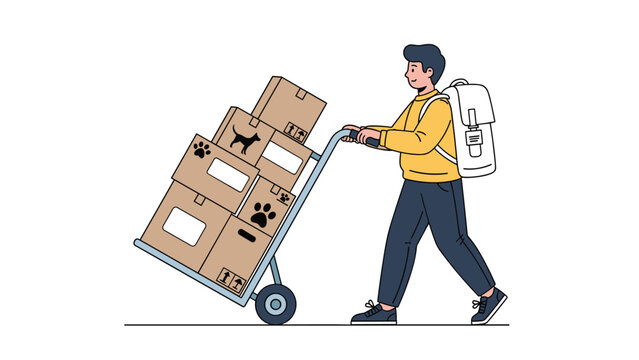 Smiling young man wearing a backpack while pushing a hand truck loaded with several cardboard boxes marked with paw prints.