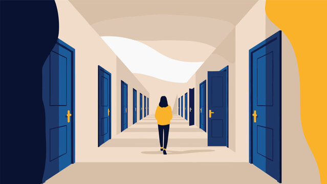 Person walking down a long perspective hallway filled with many blue doors to represent various choices and life paths.