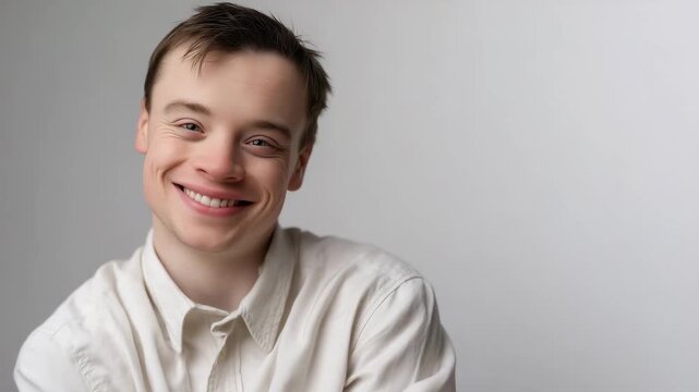 Thoughtful portrait of young man with Down syndrome, inclusive and respectful representation, natural light studio image, confidence and dignity concept young man portrait
