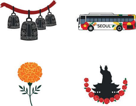Seoul South Korea Tourism Set with Traditional Bells Bus and King Sejong