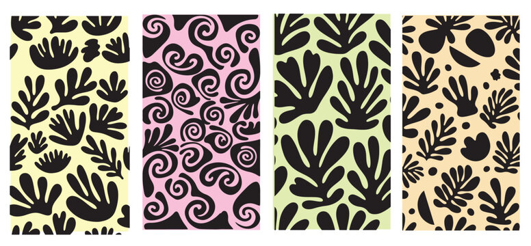 Intricate floral and geometric patterns in contrasting black and white with pastel backgrounds vector illustration