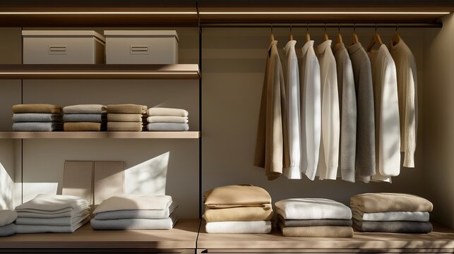 Minimalist bedroom closet showcasing capsule wardrobe with exactly thirty-three items color-coordinated on matching hangers beside folded accessories in labeled boxes, ideal for minimalist fashion,