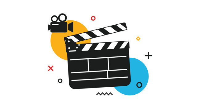 Black movie clapperboard and a video camera icon are displayed against a colorful background with geometric shapes and symbols.