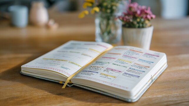 Overhead view of open bullet journal displaying hand-drawn weekly spread with colorful habit trackers, goal lists, and washi tape decorations on wooden desk, perfect for productivity methods,