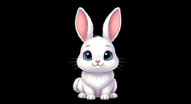 Cute, cartoonish white rabbit with big blue eyes, sitting against a stark black background