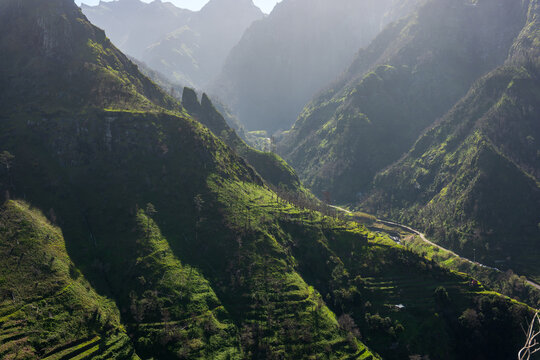 Curral das Freiras valley with terraced fields and twin peaked spur