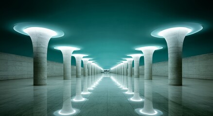 Long, narrow hallway with a series of pillars and a blue ceiling. The pillars are lit up, creating a bright