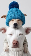 Obraz premium Two dogs relaxing together with blue knit hat and sweater for cozy winter vibes