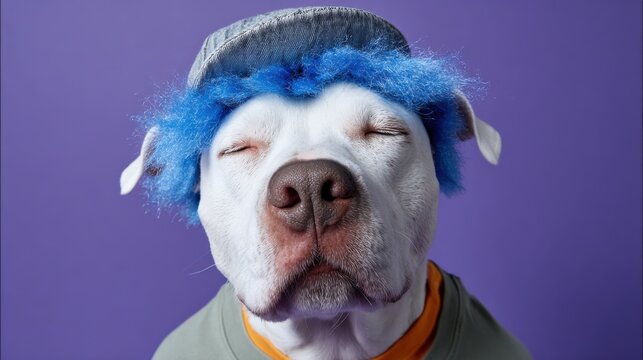 Dog wearing blue wig and cap with closed eyes on purple background