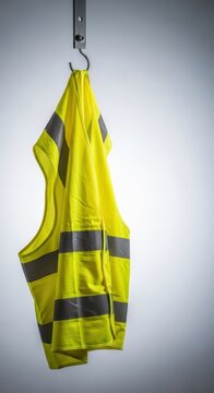 Bright yellow safety vest hanging on a hook, ready for important industrial work and occupational security procedures, labor, textile, warning