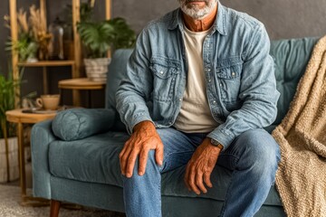 Fototapeta premium Man in a blue jacket sits on a couch. He is wearing a watch and has a hand on his knee
