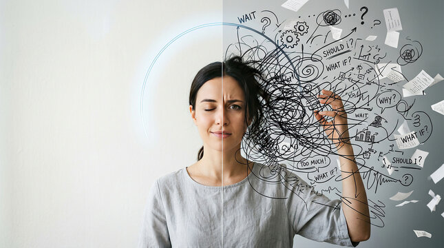Stressed woman overthinking with chaotic thoughts, anxiety and mental health concept