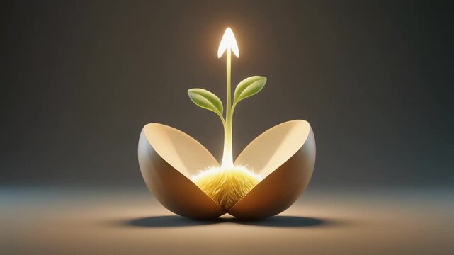 Glowing seedling sprouting from a cracked egg shell in this creative animation footage showing nature growth and new beginning life cycles motion