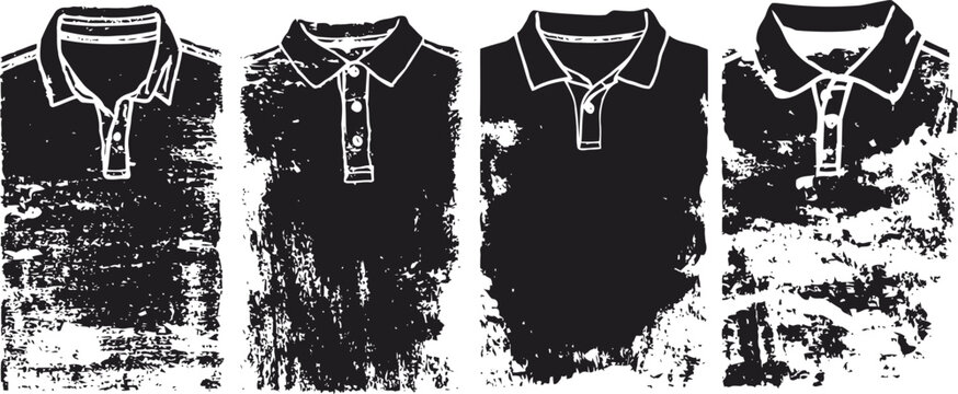 Four black polo shirts with white collar and button details, isolated grunge vector silhouettes