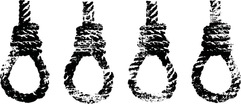 Four vintage grunge rope nooses in a row old textured hanging loops, silhouette