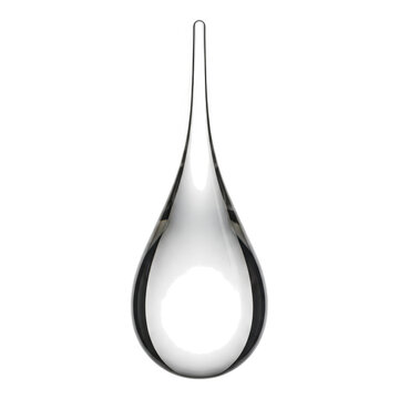 A single droplet of water falling from a surface, captured in mid-air.