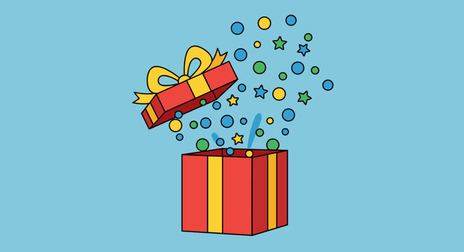 A colorful vector graphic of a gift box with confetti and stars exploding out of it