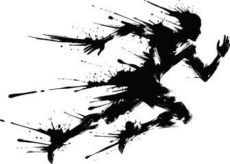 Obraz premium Dynamic silhouette of a runner with paint splash effect in black and white, action and speed concept