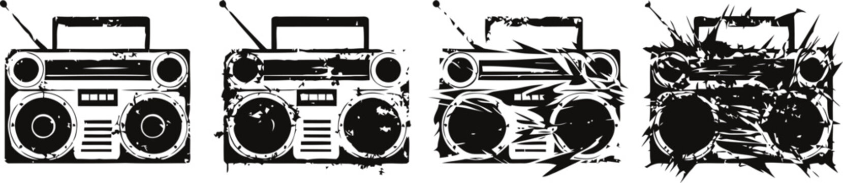 Vintage radio cassette player with explosion effect in sequential abstract design