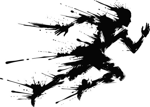 Dynamic silhouette of a runner with paint splash effect in black and white, action and speed concept