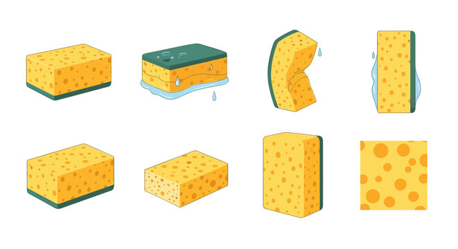 A set of colorful vector illustrations of various sponge shapes and designs