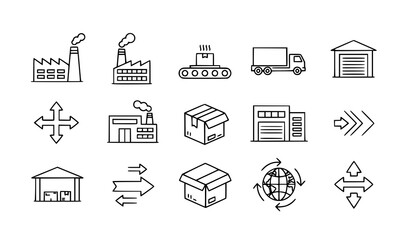 Fototapeta premium A set of black and white line art icons depicting various industrial and logistical concepts