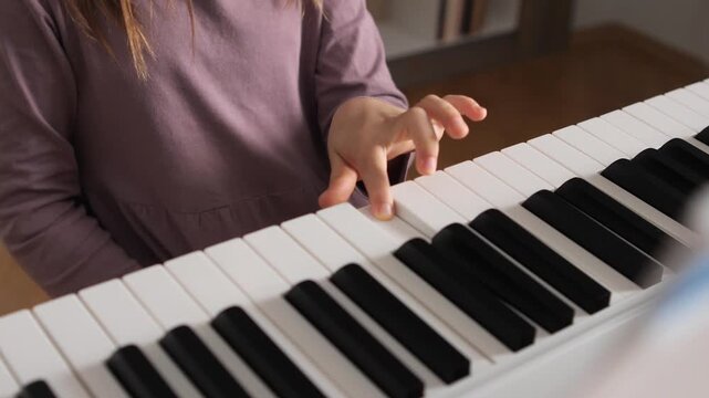 Young childs hand pressing white keys on an electronic piano keyboard, close up of early music practice building finger control, rhythm, creativity and beginner skill development